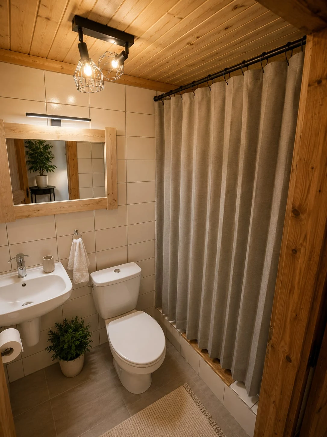A Dear Hill bathroom with a washbasin, wood-framed mirror, toilet and a shower behind a curtain.
