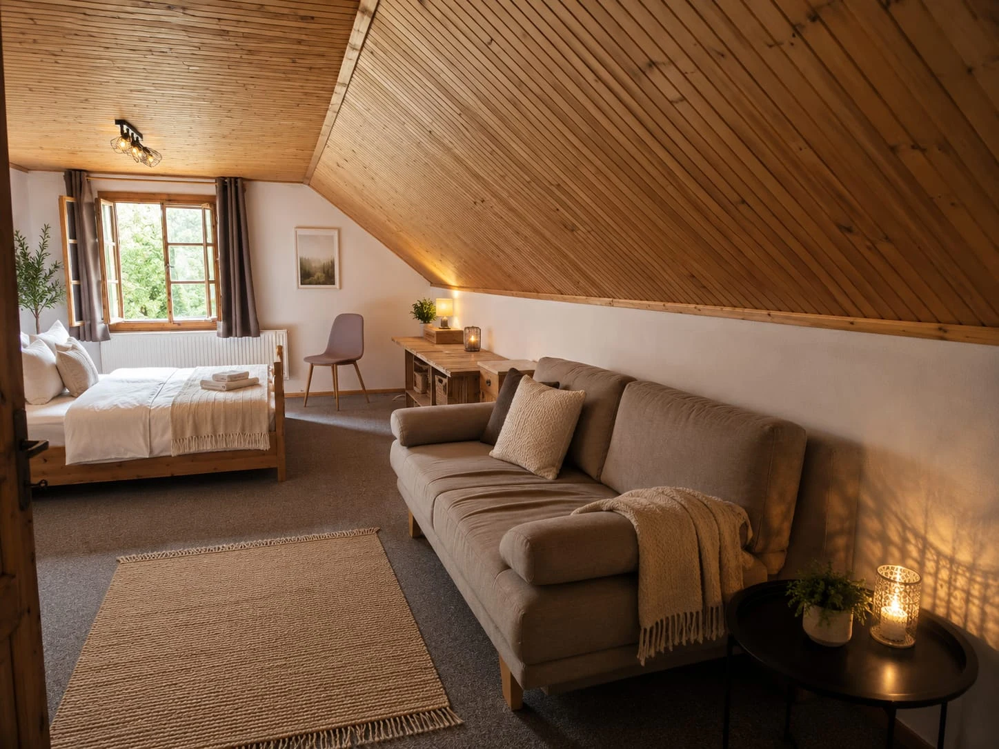 A Dear Hill guest room with a wooden double bed, sofa, desk and a sloping timber ceiling.