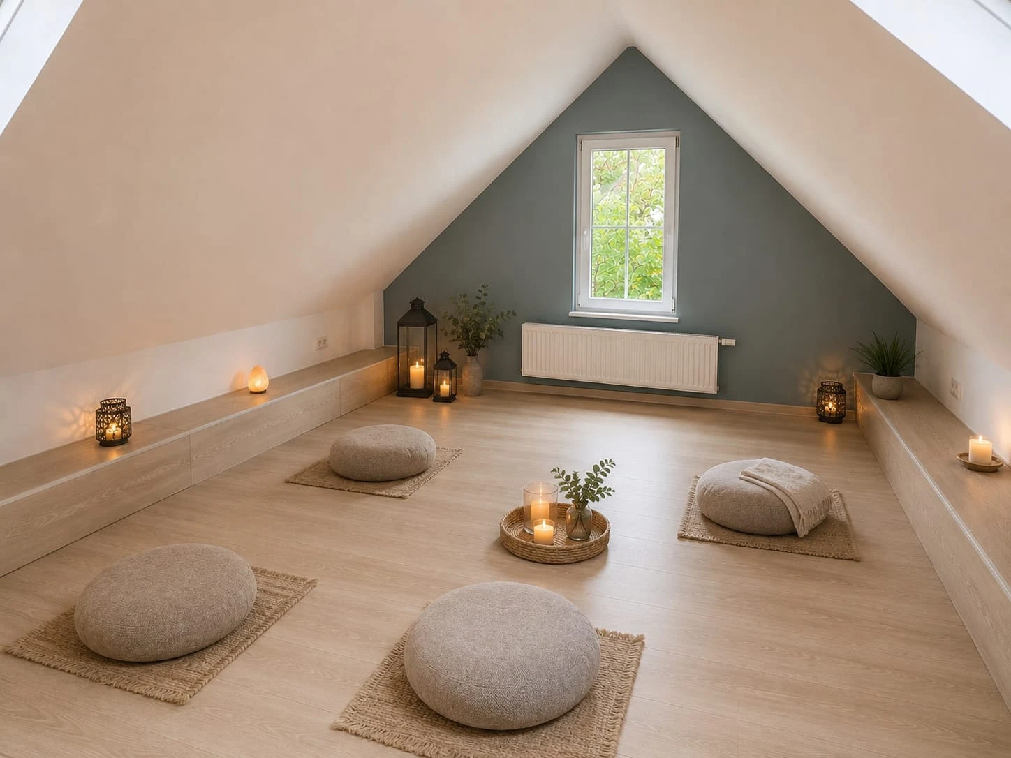 Dear Hill Silent Room with floor cushions, candle lanterns, a wooden floor and a window beneath a sloping ceiling.